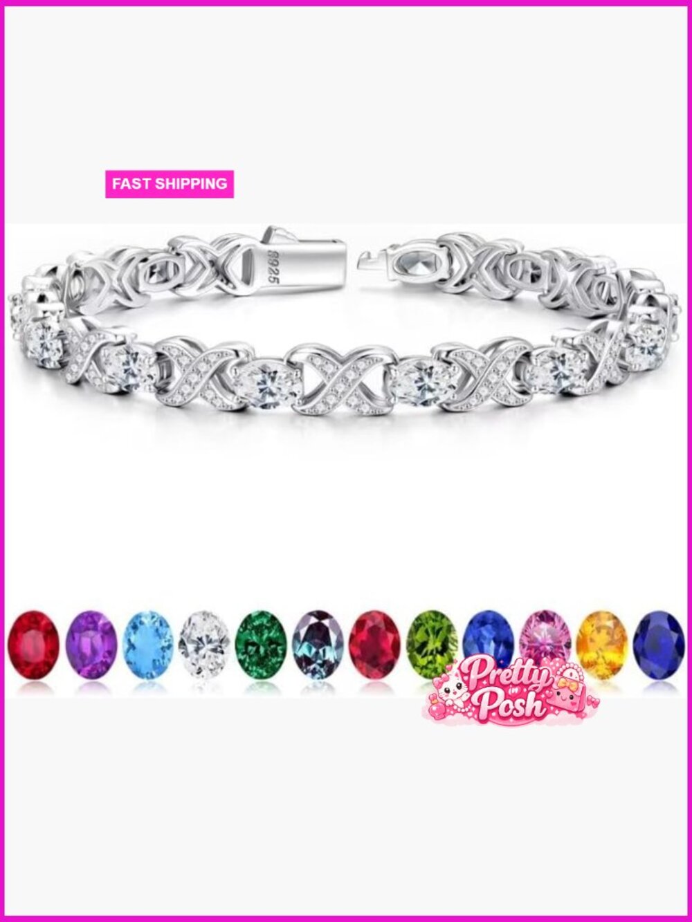 Oval Birthstone Tennis Bracelet 925 Sterling Silver Push Button